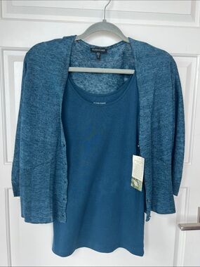 Eileen Fisher Teal Blue Cami (S Long NWT) and Lightweight Linen Cardigan (XS)